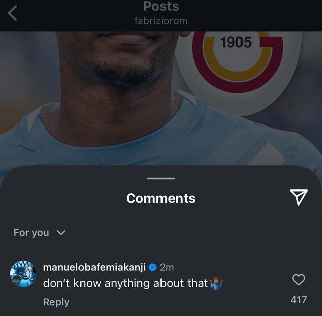 啥情况？阿坎吉在罗马诺动态下评论：我不知道自己要转会了